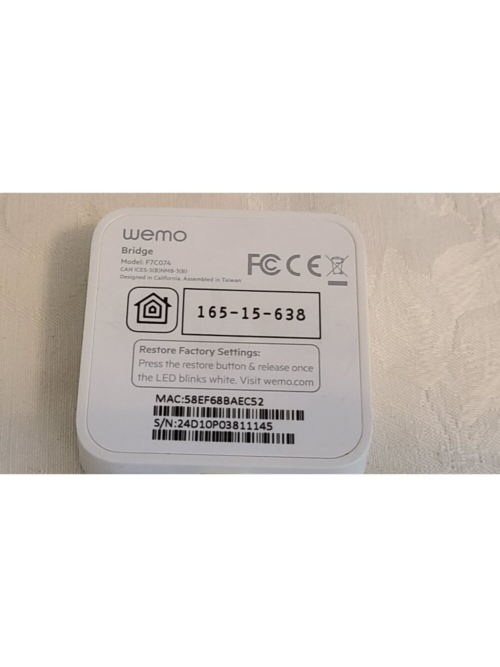 WeMo Bridge Model F7C074 Smart Home WiFi Hub Controller